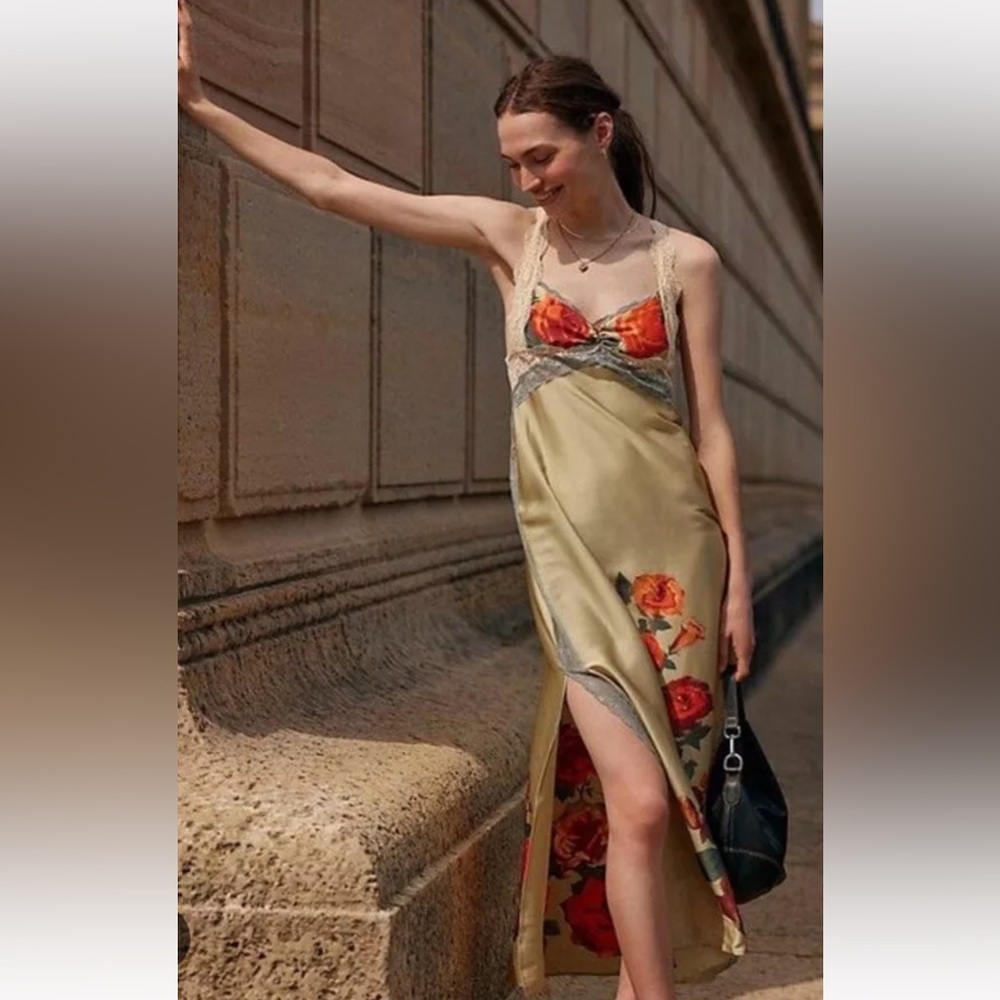 Free People Floral Lace Trim Slip Dress